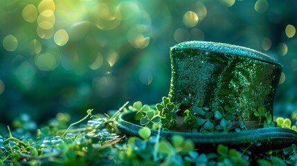 Canvas Print - glittering green top hat with clover leaves, festive st. patrick's day theme