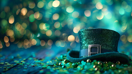 Canvas Print - glittering green top hat with clover leaves, festive st. patrick's day theme