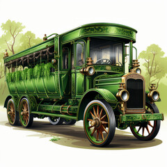 vintage green tour bus in early twentieth century style