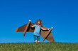 © Volodymyr - Happy child playing with toy wings against summer sky background. Kids success, leader and winner concept.