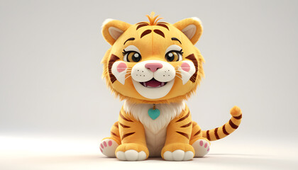 A chubby, adorable, furry little tiger happiness, staring in a 3D plush style against a white background