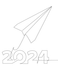 Poster - One continuous line of Paper Airplane with number 2024. Thin Line Illustration vector concept. Contour Drawing Creative ideas.