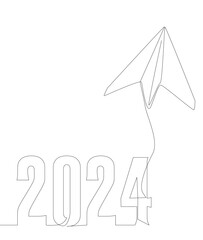 Poster - One continuous line of Paper Airplane with number 2024. Thin Line Illustration vector concept. Contour Drawing Creative ideas.