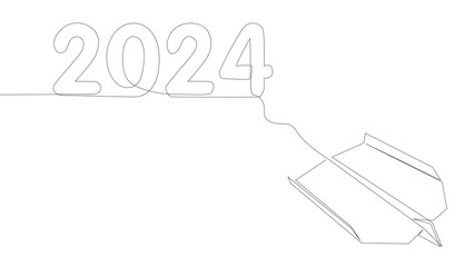 Poster - One continuous line of Paper Airplane with number 2024. Thin Line Illustration vector concept. Contour Drawing Creative ideas.