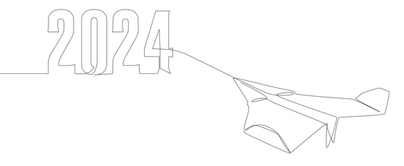 Poster - One continuous line of Paper Airplane with number 2024. Thin Line Illustration vector concept. Contour Drawing Creative ideas.