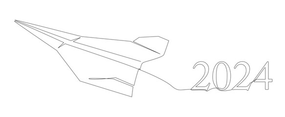 Poster - One continuous line of Paper Airplane with number 2024. Thin Line Illustration vector concept. Contour Drawing Creative ideas.