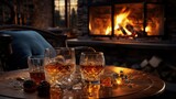 Fototapeta Panele - A cozy fireplace setting with a glass of brandy