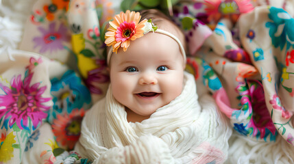 Close-up of cute happy baby, little newborn baby smiling looking at camera. Decorated with colorful flowers.