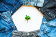 Various shades and colors of jeans in arranged in circle and a green leaf in the center. A concept of slow sustainable fashion and preserving the planet.