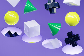 Poster - 3D illustration of multi-colored volumetric geometric shapes falling into a portal on a purple  background
