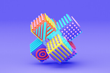 Poster - 3D illustration, abstract shape illusion of various squares with patterns, isometric abstract shapes, intertwining colorful shapes