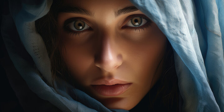 Emotional close up portrait of a woman with blue eyes in a veil looking up and praying