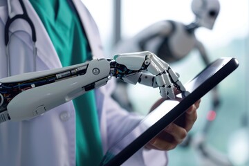Poster - A humanoid robot holding a tablet device in its hands, displaying information on the screen, An AI assisting a doctor in diagnosing a disease, AI Generated