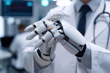 Poster - A man wearing a white lab coat is grasping a robotic hand, showcasing the advancements in robotics and technology, An AI assisting a doctor in diagnosing a disease, AI Generated
