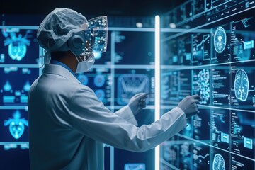 Poster - A man wearing a white lab coat carefully examines a display featuring various medical images, An AI assisting a doctor in diagnosing a disease, AI Generated