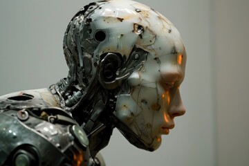 Poster - A detailed view of a robot up close, revealing its face and features, An AI robot evolving into a human-like entity, AI Generated