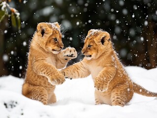 Wall Mural - Lion cubs playing in the snow in the winter forest