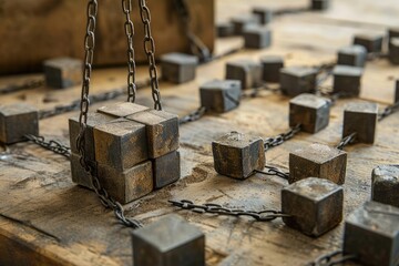 Poster - A wooden table with an abundance of metal cubes arranged on top, An artist crafting blocks joined together by chains, a physical manifestation of blockchain technology, AI Generated