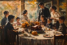 A Painting Of A Family Gathered Around A Table For A Thanksgiving Dinner, An Atmospheric Piece Capturing The Warmth And Love Felt During A Family's Thanksgiving Gathering, AI Generated