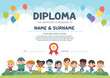Diploma for students. Kids are jumping on the park. Children's activities. Template for Certificate kids diploma.