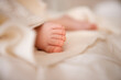 Baby, feet and toes or blanket as closeup for childhood development or nursery sleeping, relax or resting. Kid, wellness and childcare on bed for wellbeing nap or dreaming nurture, caring or calm