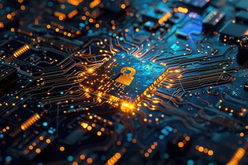 Poster - An image depicting a circuit board with a padlock, showcasing the fusion of technology and security, An image encryption and decryption process, AI Generated