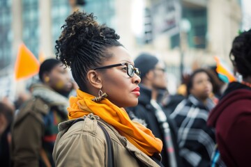 Serious black female activist protesting outdoors with group of demonstrators in the background.