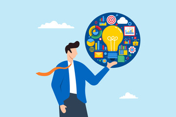 Poster - Businessman holding light bulb showing business intelligence data