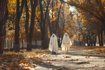Canvas Print - Kids wearing ghost costume in Halloween in a suburban street
