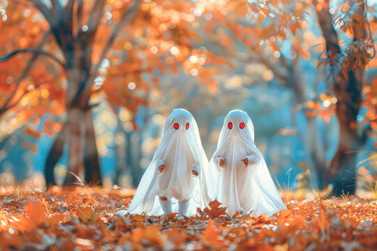 Kids wearing ghost costume in Halloween in a suburban street