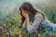 Young woman praying on the grass and flowers