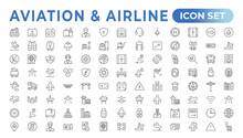 Plane Icon Collection. Airplane Vector. Flight Transport Symbol. Travel Concept.Set Of Vector Line Icon. It Contains Symbols Of Aircraft, Credit Cards, Wallets, Dollars, Money Globe. Outline Icon Set.