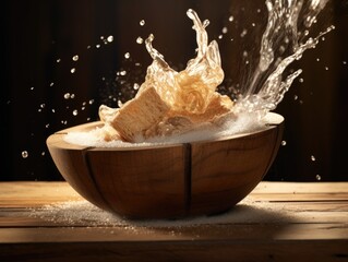 Poster - A wooden bowl with water splashing on it. Generative AI.