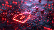 Red data protection padlock in circuit board, cybersecurity concept