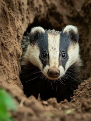 Poster - A badger is peeking out of its hole. Generative AI.