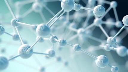 Poster - Close-up of an abstract structure of a white molecule with atoms on a light blue background. Science, neural connections, DNA, microbiology, Genetics, biology concepts.