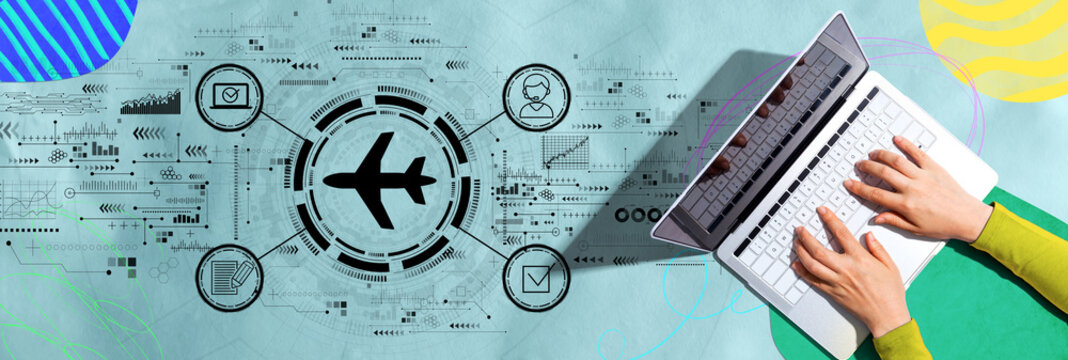 Flight ticket booking concept with person using a laptop