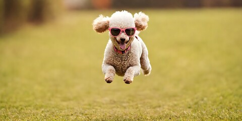 Wall Mural - Portrait of a joyful jumping poodle in sunglasses against a light background. Promotional banner with copy space. Creative animal concept.