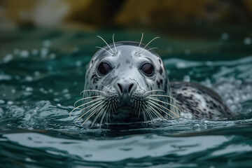 Portrait of a cute seal in water, northern animal looking at camera close-up