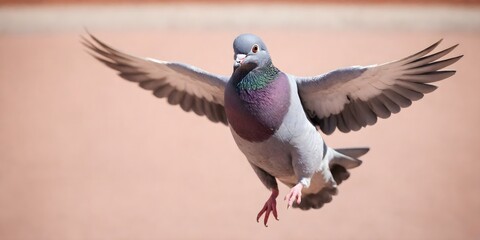 Wall Mural - Portrait of a joyful jumping pigeon with a light background. Promotional banner with copy space. Creative animal concept.