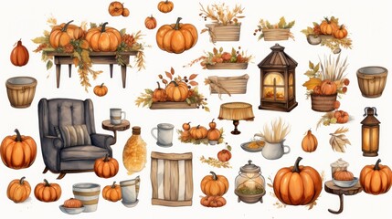 Fototapete - Generative AI Digital stickers displaying a Thanksgiving family gathering in atmospheric watercolor hues, featuring loose linework for a cottagepunk-inspired cozy setting