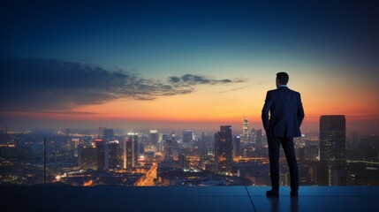 Fototapete - Dusk setting behind a poised businessman, facing the city horizon, vibrant sunset colors, confident and contemplative stance Generative AI
