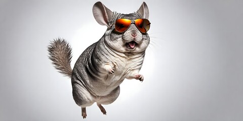 Wall Mural - Portrait of a joyful jumping chinchilla in sunglasses against a light background. Promotional banner with copy space. Creative animal concept.