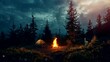 Camping scene with campfire and dark clouds background, animated virtual repeating seamless 4k	