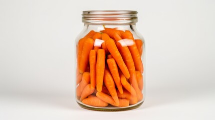 Poster - Glass jar filled with freshly harvested carrots, close-up realistic photo against a white background Generative AI
