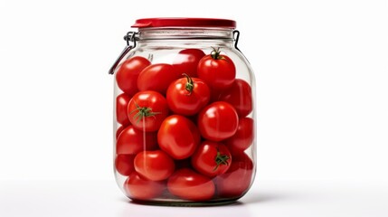 Poster - Glass jar filled with vibrant red tomatoes, close-up realistic photo on a white background Generative AI