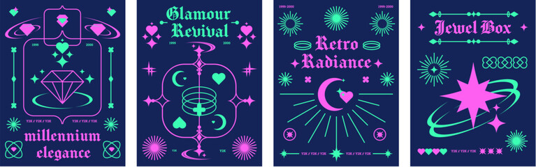 Fototapete - Minimalistic poster layout in y2k style with bright neon colors simple elements and icons on dark blue background. Vector set of banner design template in retro rave aesthetic with geometric shapes.