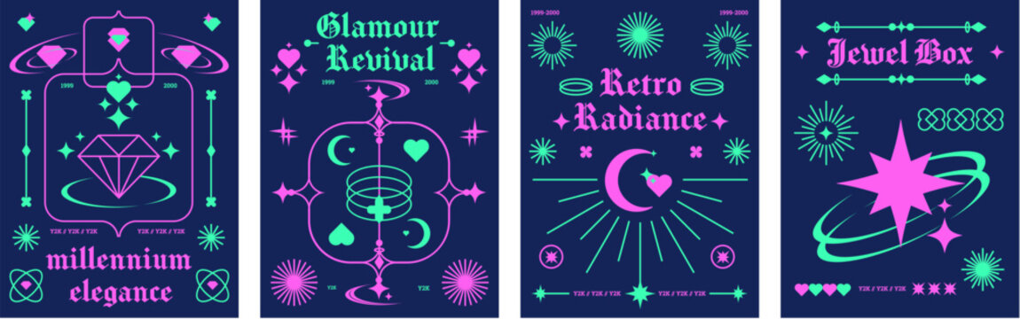 Minimalistic poster layout in y2k style with bright neon colors simple elements and icons on dark blue background. Vector set of banner design template in retro rave aesthetic with geometric shapes.