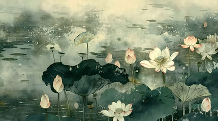 Wall Mural - Ancient Chinese Painting Drawing Style of Lotus Flowers in the River