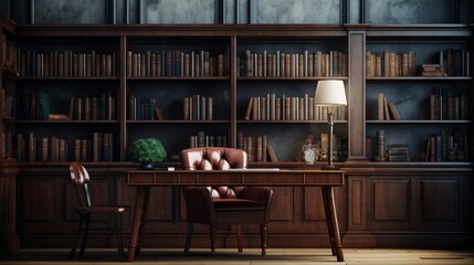 Aufkleber - Generative AI Impeccably designed study room with a mahogany desk and bookshelves